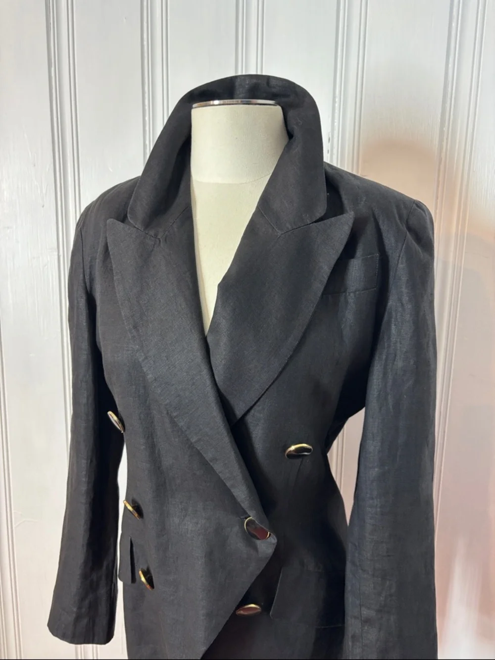 Vintage HOLT RENFREW Double-Breasted Black Linen Blazer | Size Medium estimated - Picture 1 of 10